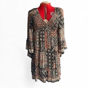 Angie Boho Patchwork Mini Dress Bell Fairy Sleeves Size Small Whimsical